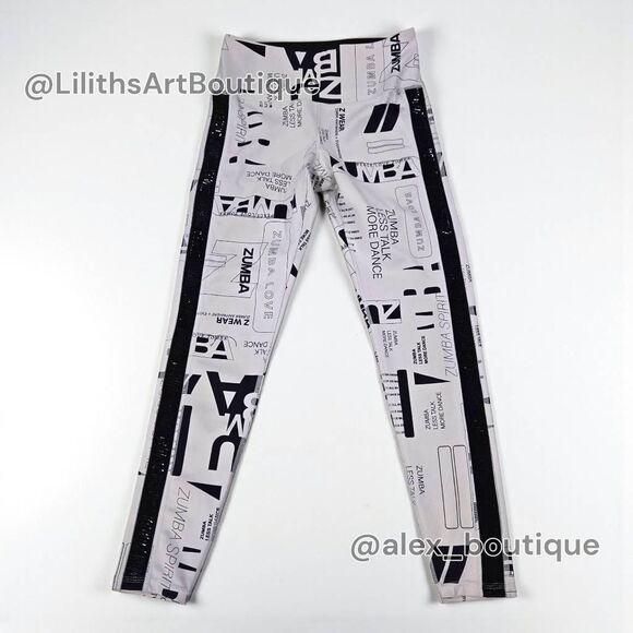 Zumba Classic High Waisted Newspaper Print Leggings Gray Size S (E114) - Picture 3 of 7